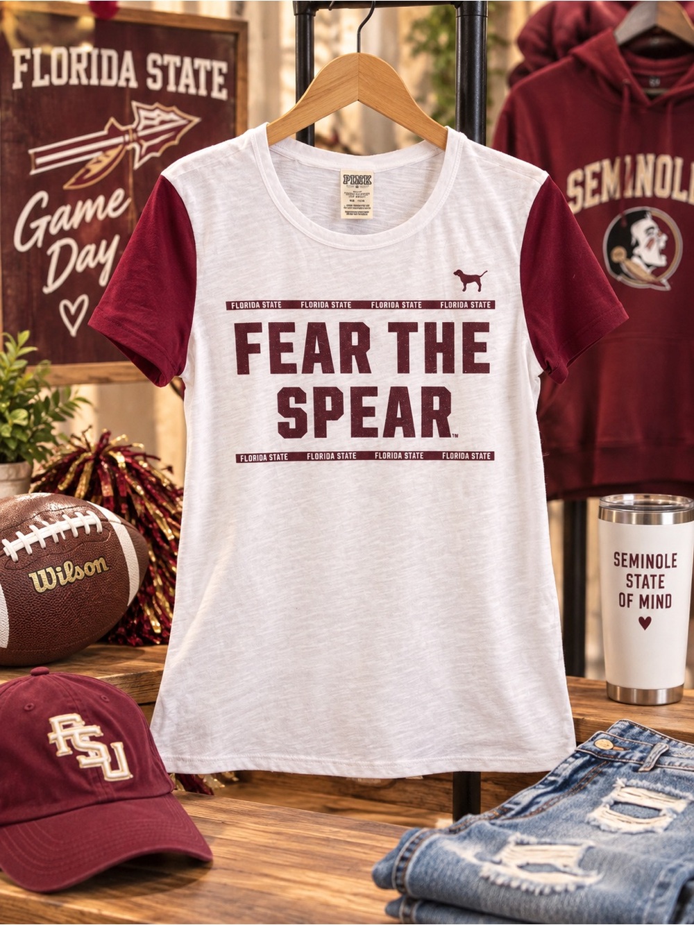 PINK Victoria's Secret White Tee with Maroon Sleeves & Graphic